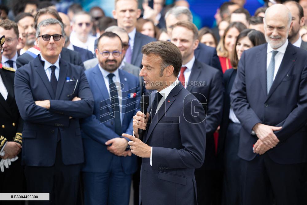 President Macron Visits EssilorLuxottica Laboratory - Wissous