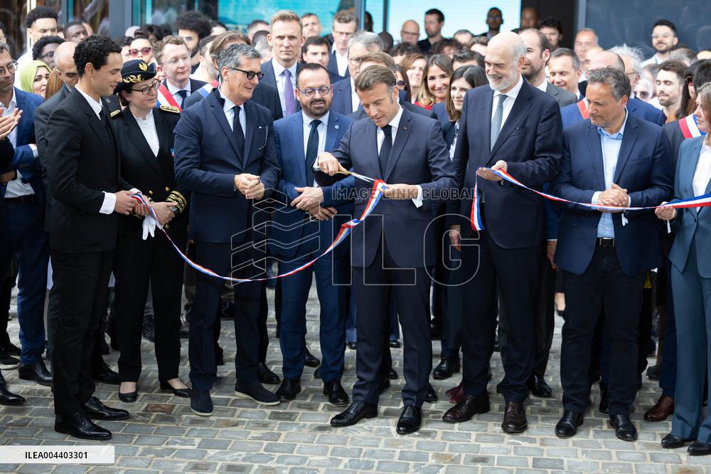 President Macron Visits EssilorLuxottica Laboratory - Wissous