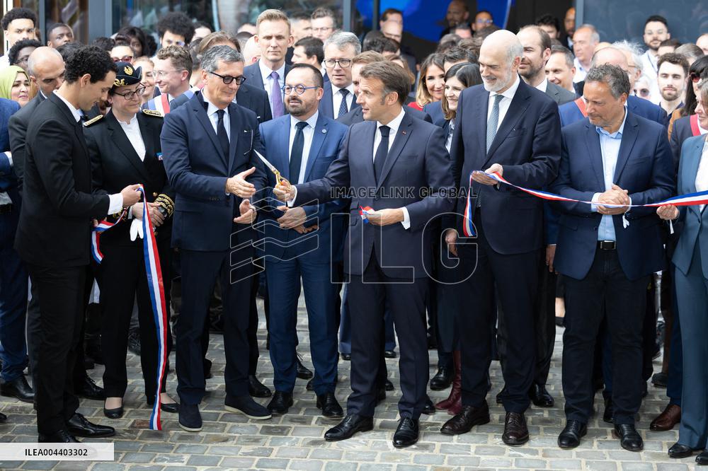 President Macron Visits EssilorLuxottica Laboratory - Wissous