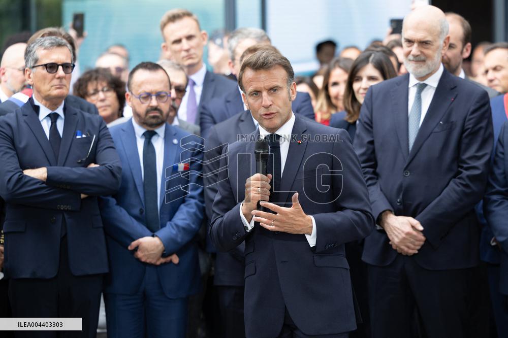 President Macron Visits EssilorLuxottica Laboratory - Wissous