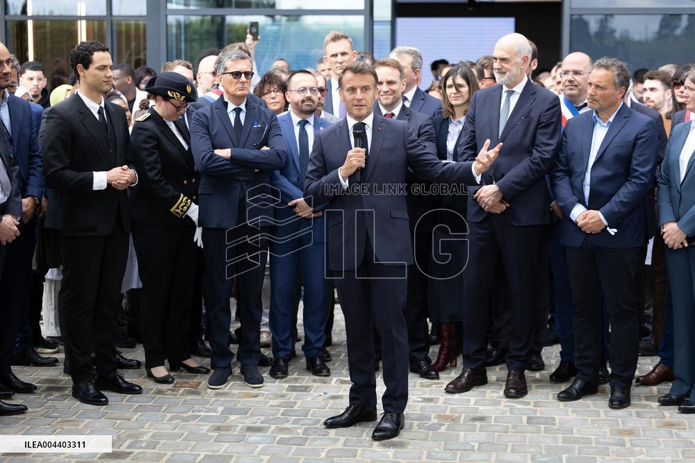 President Macron Visits EssilorLuxottica Laboratory - Wissous