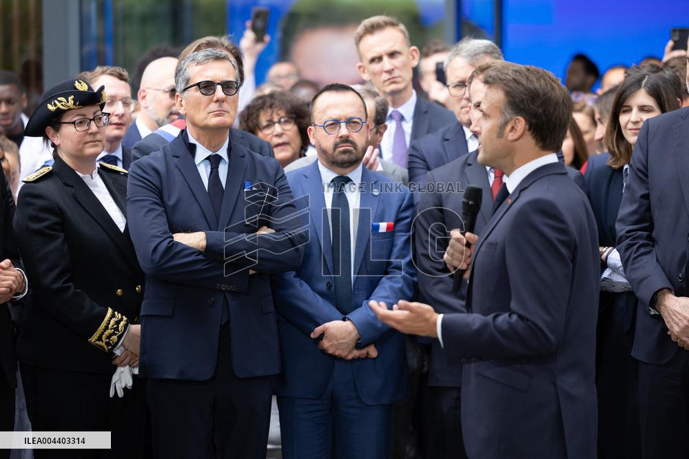 President Macron Visits EssilorLuxottica Laboratory - Wissous
