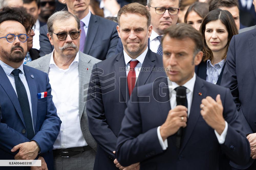 President Macron Visits EssilorLuxottica Laboratory - Wissous