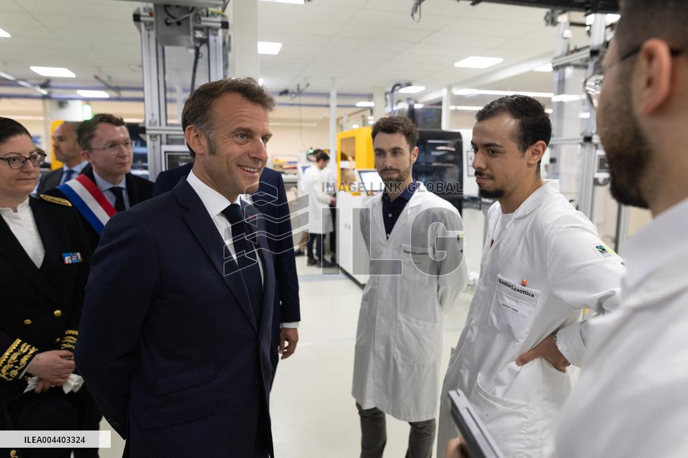 President Macron Visits EssilorLuxottica Laboratory - Wissous