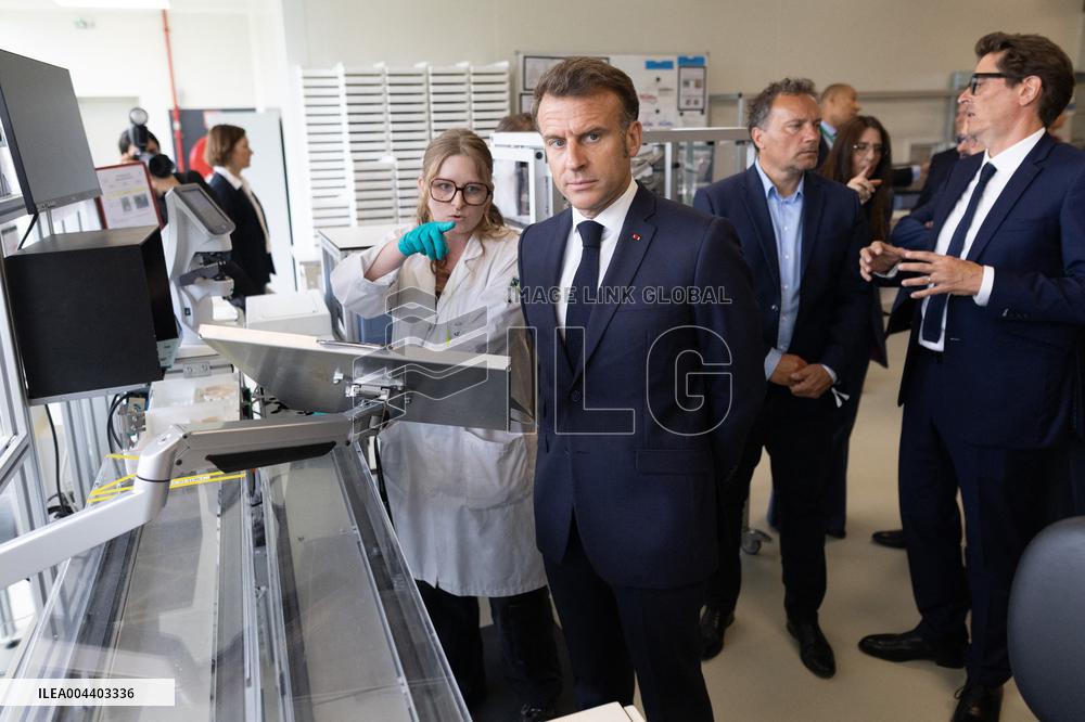 President Macron Visits EssilorLuxottica Laboratory - Wissous