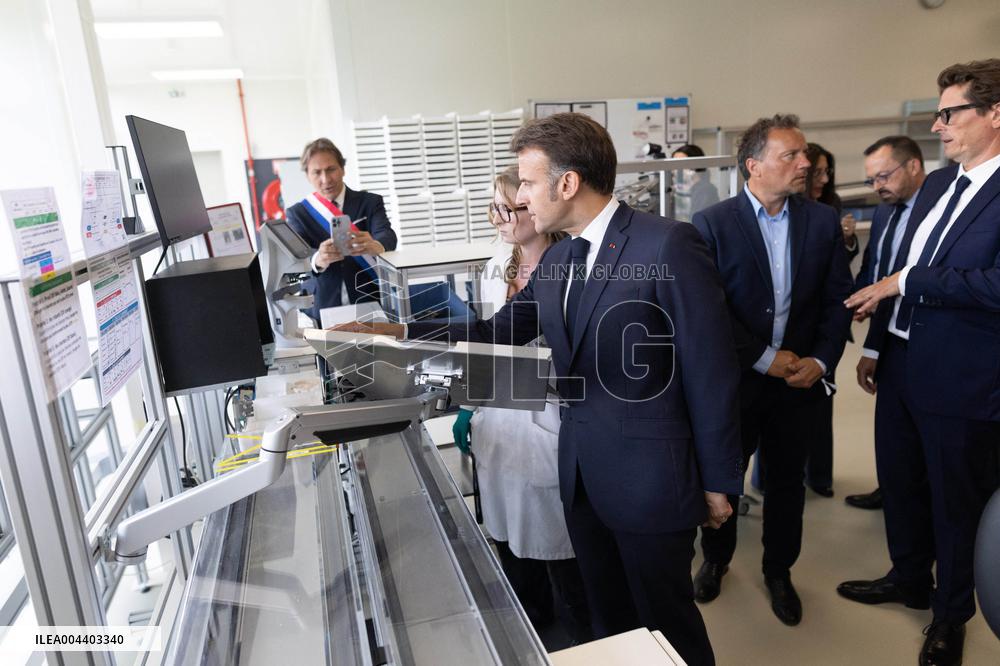 President Macron Visits EssilorLuxottica Laboratory - Wissous