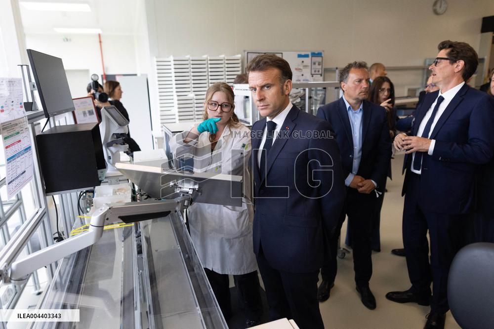 President Macron Visits EssilorLuxottica Laboratory - Wissous