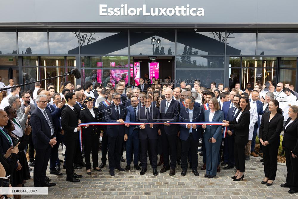 President Macron Visits EssilorLuxottica Laboratory - Wissous