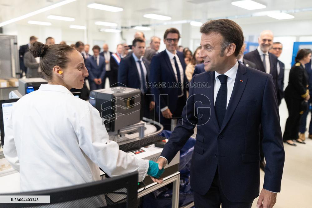 President Macron Visits EssilorLuxottica Laboratory - Wissous