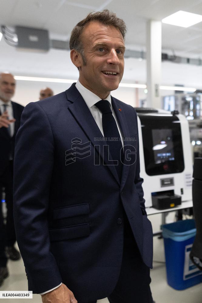 President Macron Visits EssilorLuxottica Laboratory - Wissous