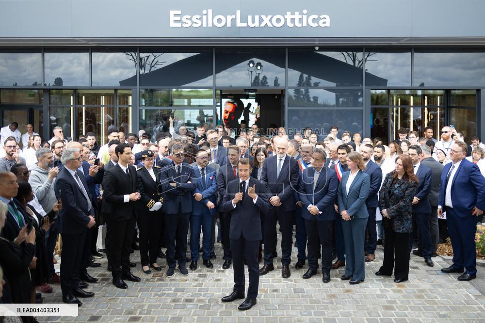 President Macron Visits EssilorLuxottica Laboratory - Wissous