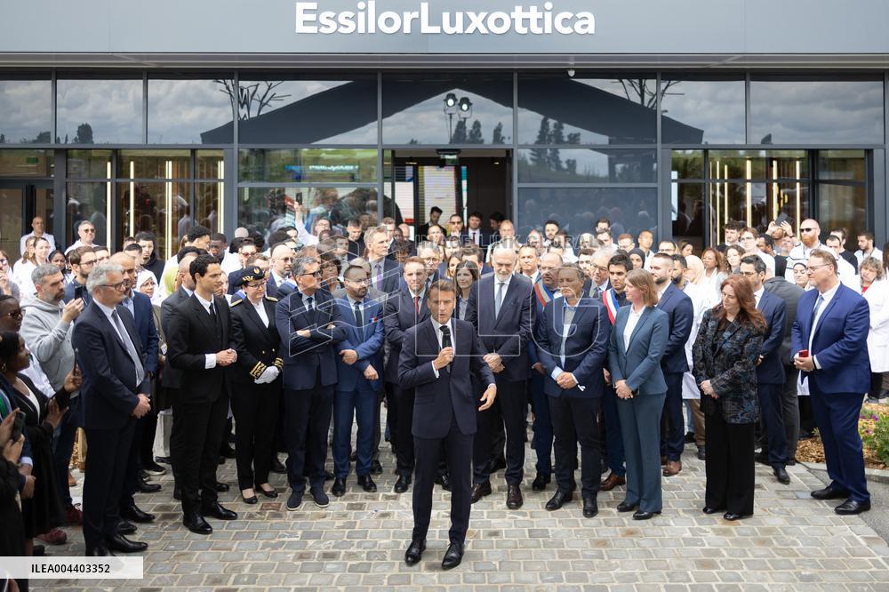 President Macron Visits EssilorLuxottica Laboratory - Wissous
