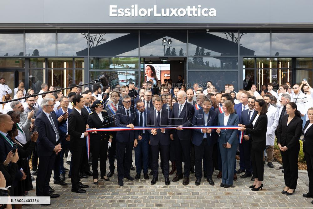 President Macron Visits EssilorLuxottica Laboratory - Wissous