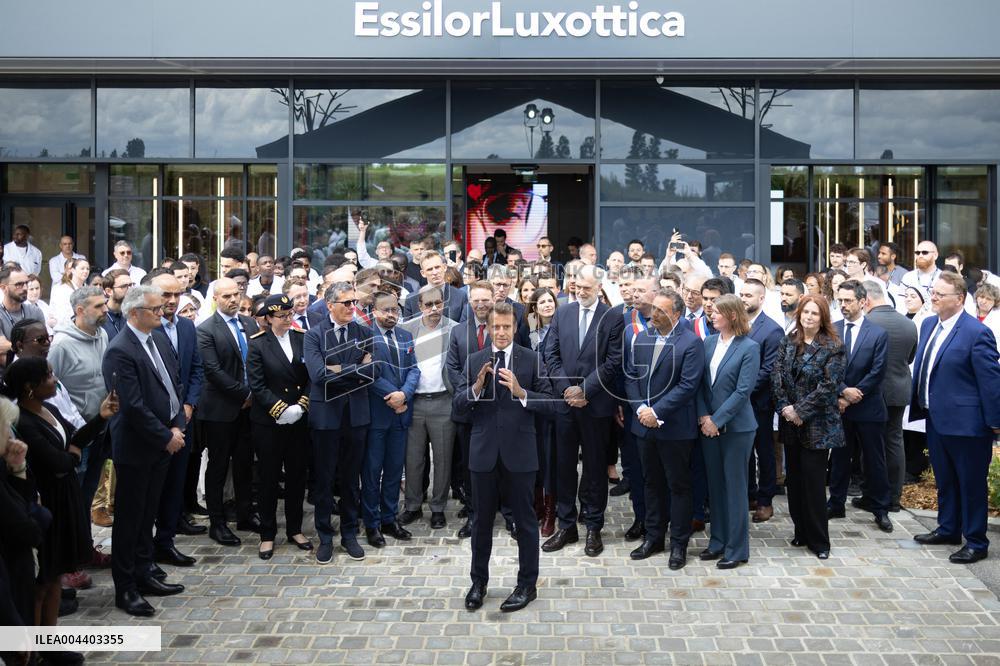 President Macron Visits EssilorLuxottica Laboratory - Wissous
