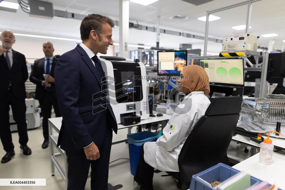 President Macron Visits EssilorLuxottica Laboratory - Wissous