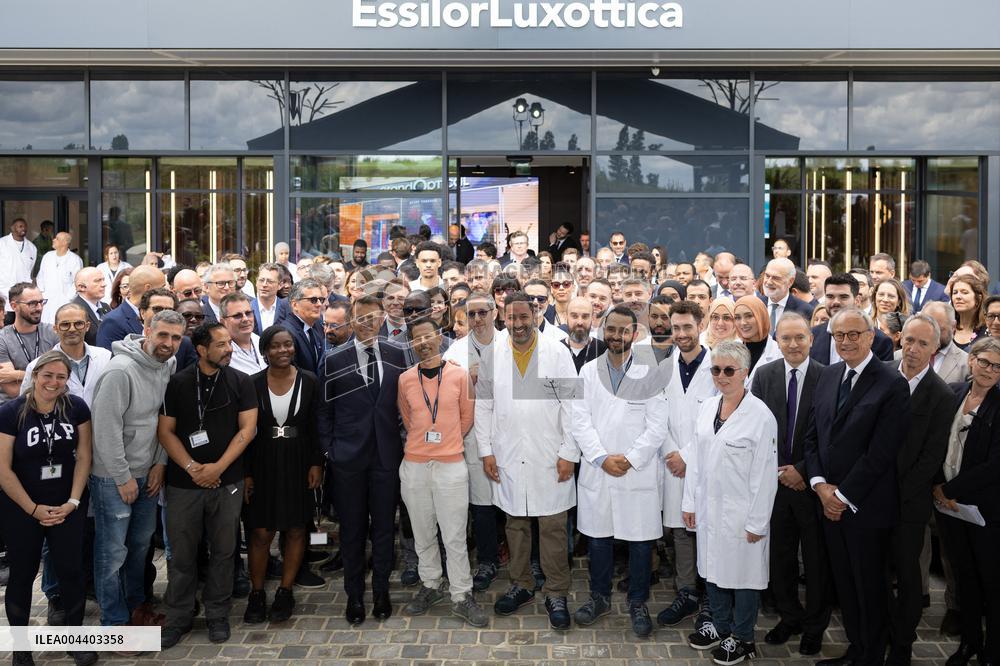 President Macron Visits EssilorLuxottica Laboratory - Wissous