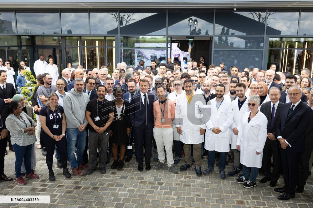 President Macron Visits EssilorLuxottica Laboratory - Wissous