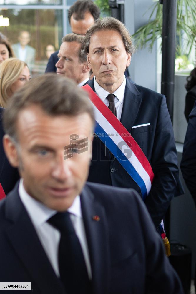 President Macron Visits EssilorLuxottica Laboratory - Wissous