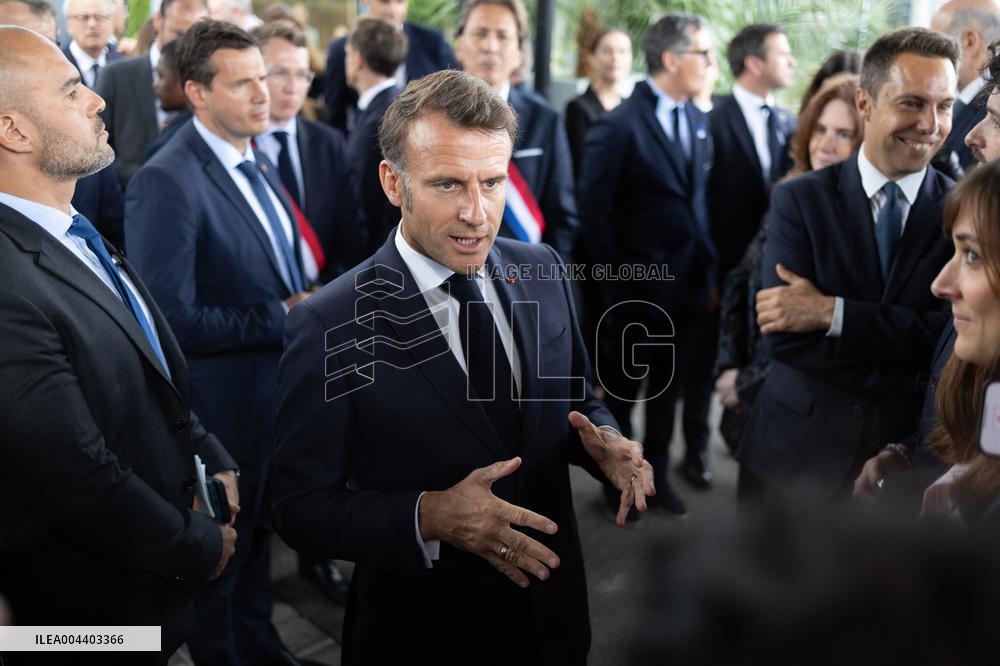 President Macron Visits EssilorLuxottica Laboratory - Wissous
