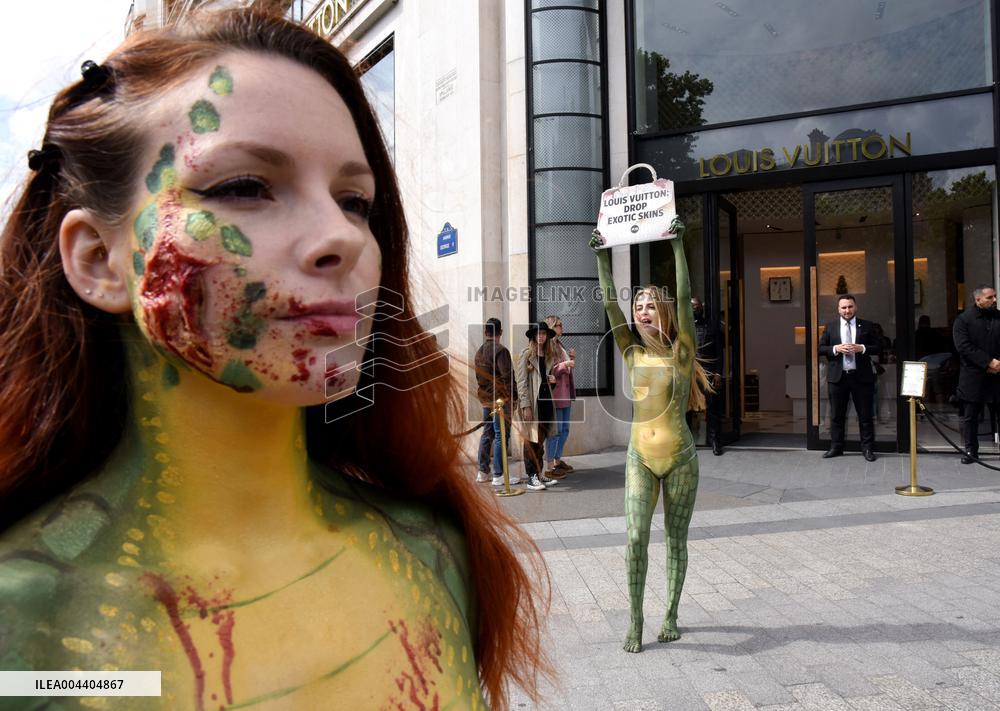 PETA Protests Exotic Skins Outside Vuitton in Paris