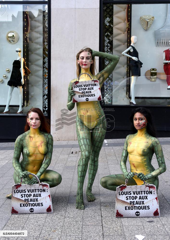 PETA Protests Exotic Skins Outside Vuitton in Paris