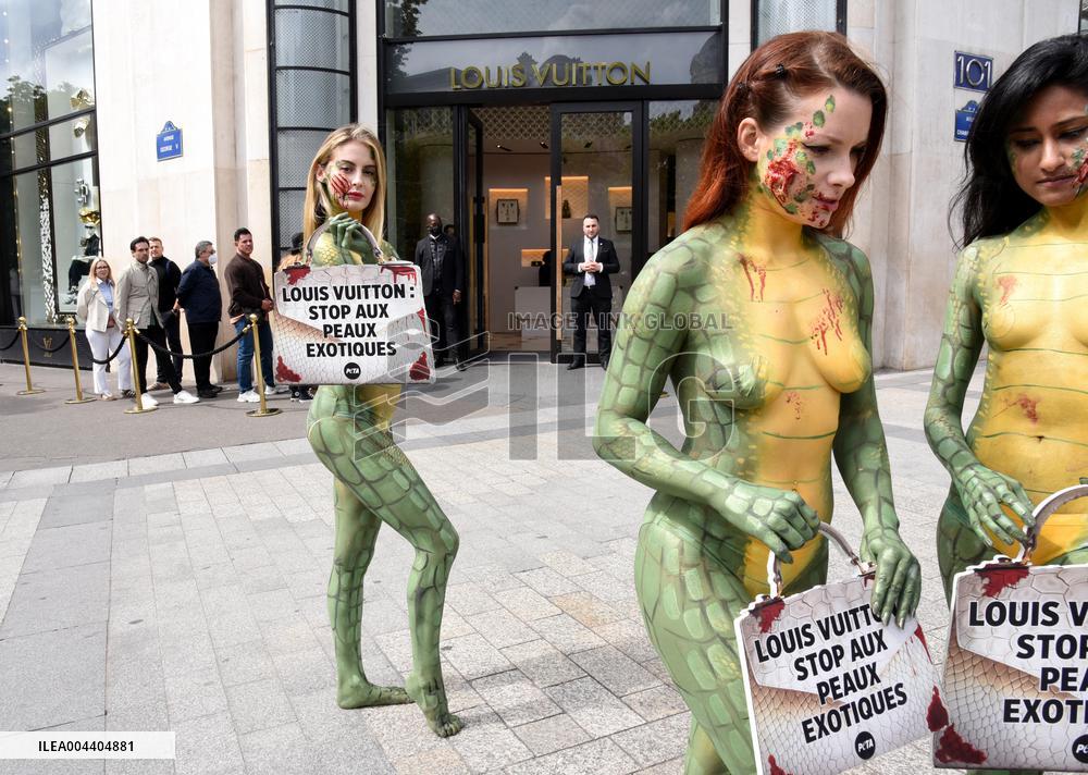PETA Protests Exotic Skins Outside Vuitton in Paris