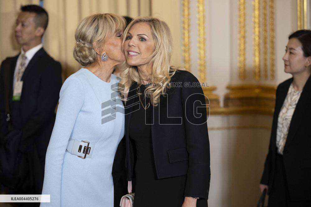France's President Emmanuel Macron, Chinese President Xi Jinping during presentations ahead of an official state dinner