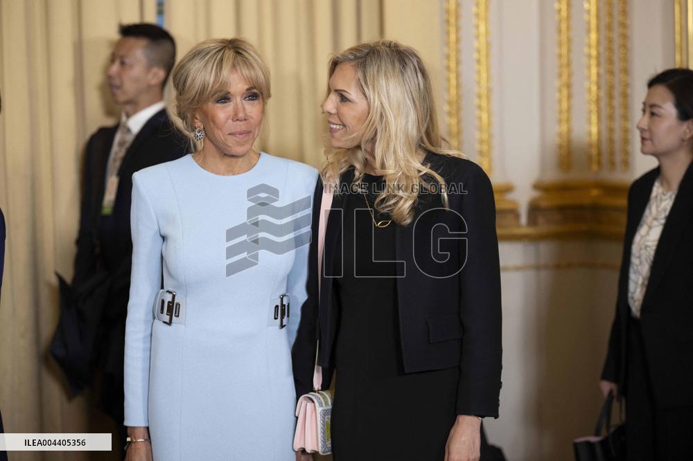 France's President Emmanuel Macron, Chinese President Xi Jinping during presentations ahead of an official state dinner