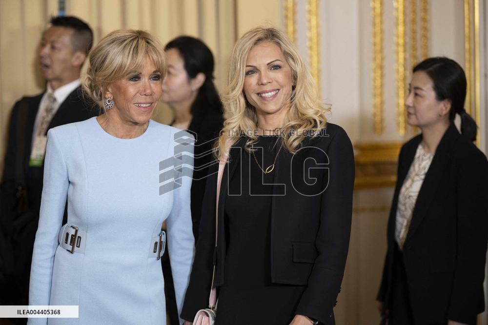 France's President Emmanuel Macron, Chinese President Xi Jinping during presentations ahead of an official state dinner