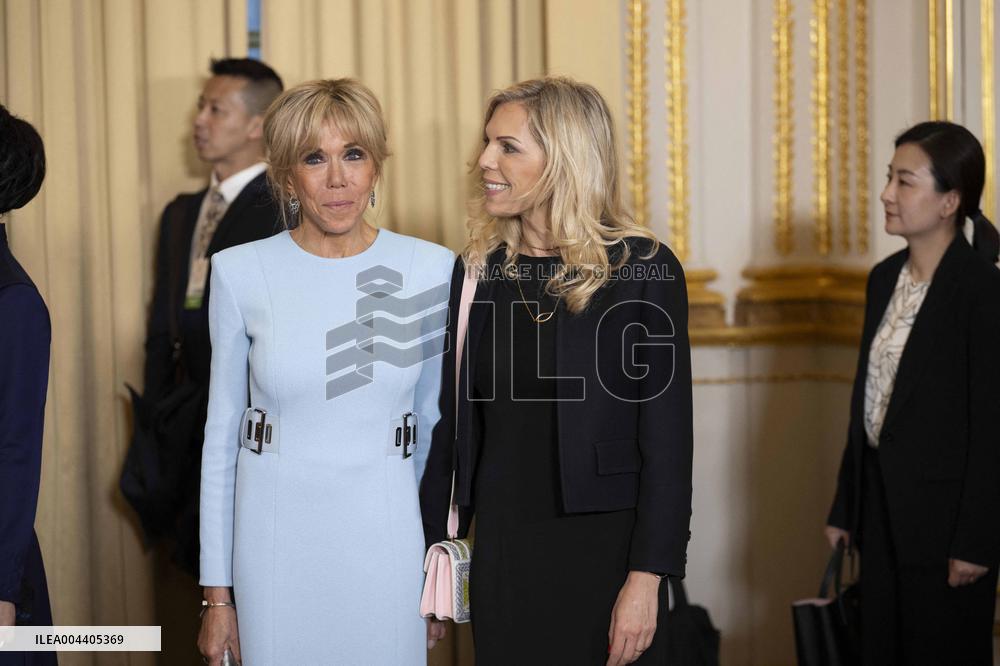 France's President Emmanuel Macron, Chinese President Xi Jinping during presentations ahead of an official state dinner