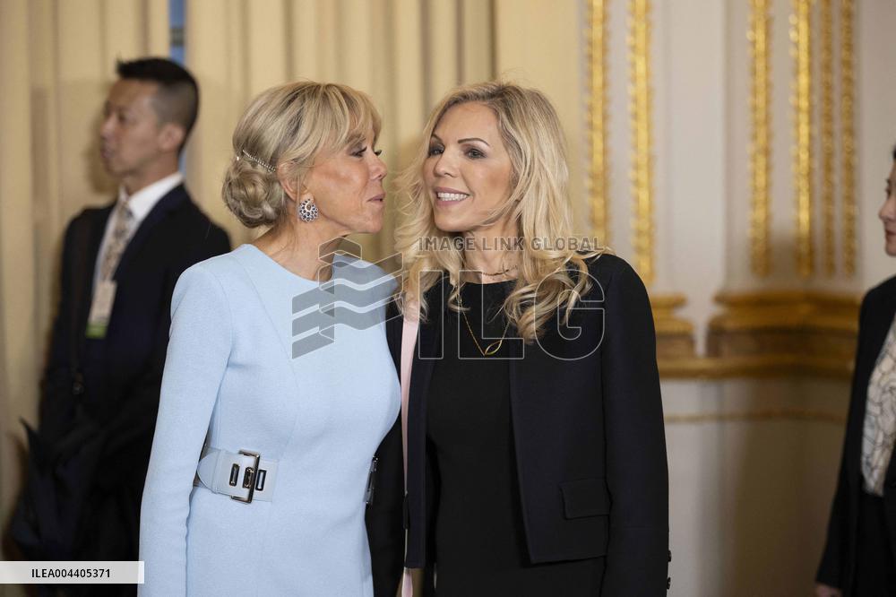 France's President Emmanuel Macron, Chinese President Xi Jinping during presentations ahead of an official state dinner