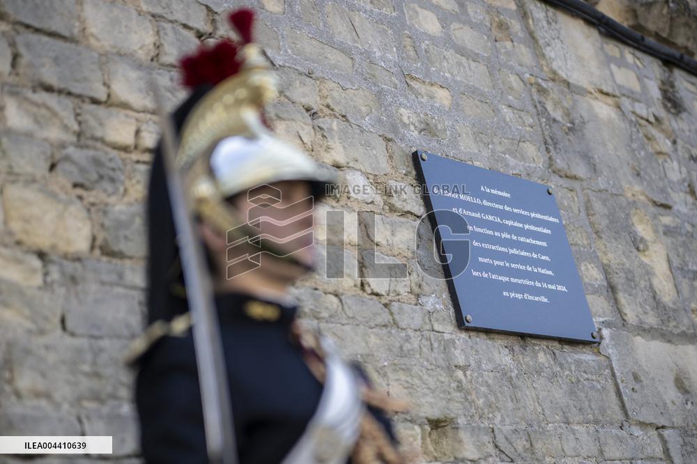 Macron at A Ceremony to Pay Tribute to The Two Dead Prison Officers - Caen