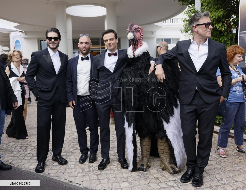 Cannes Raphael Quenard, Francois Civil, Michel Hazanavicius walk with condor from Hotel Martinez MP