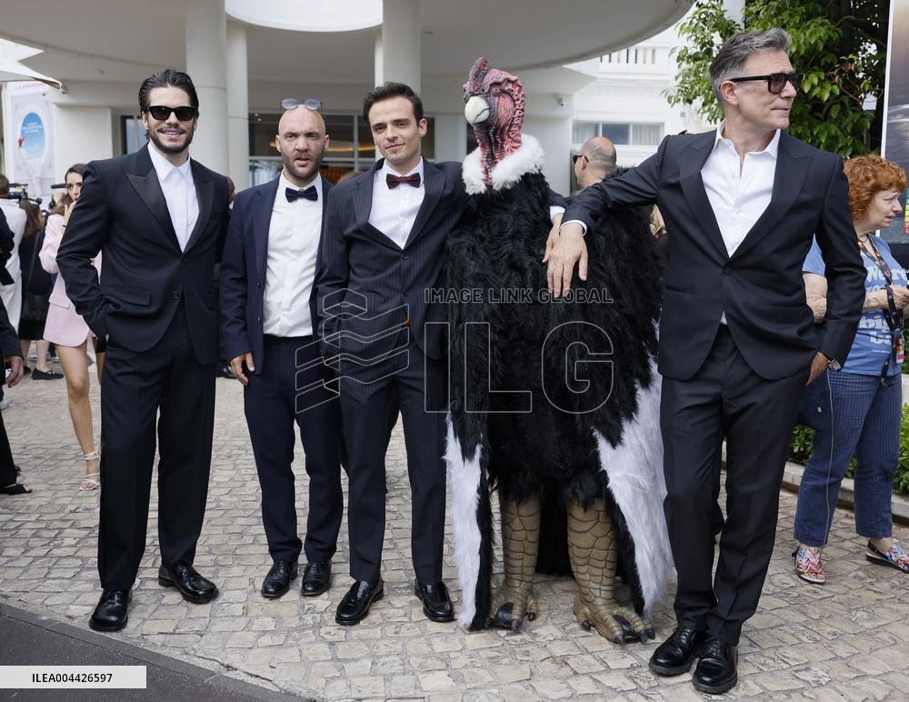 Cannes Raphael Quenard, Francois Civil, Michel Hazanavicius walk with condor from Hotel Martinez MP