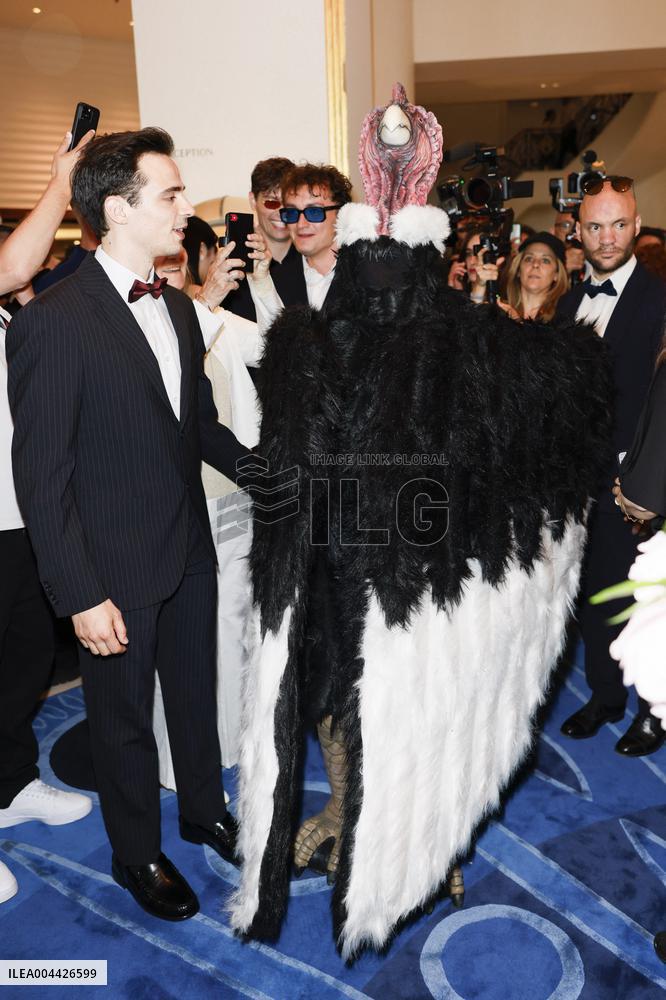 Cannes Raphael Quenard, Francois Civil, Michel Hazanavicius walk with condor from Hotel Martinez MP