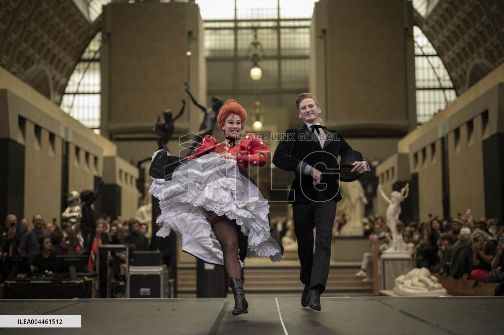 Moulin Rouge dancers perform at the Musee d'Orsay
