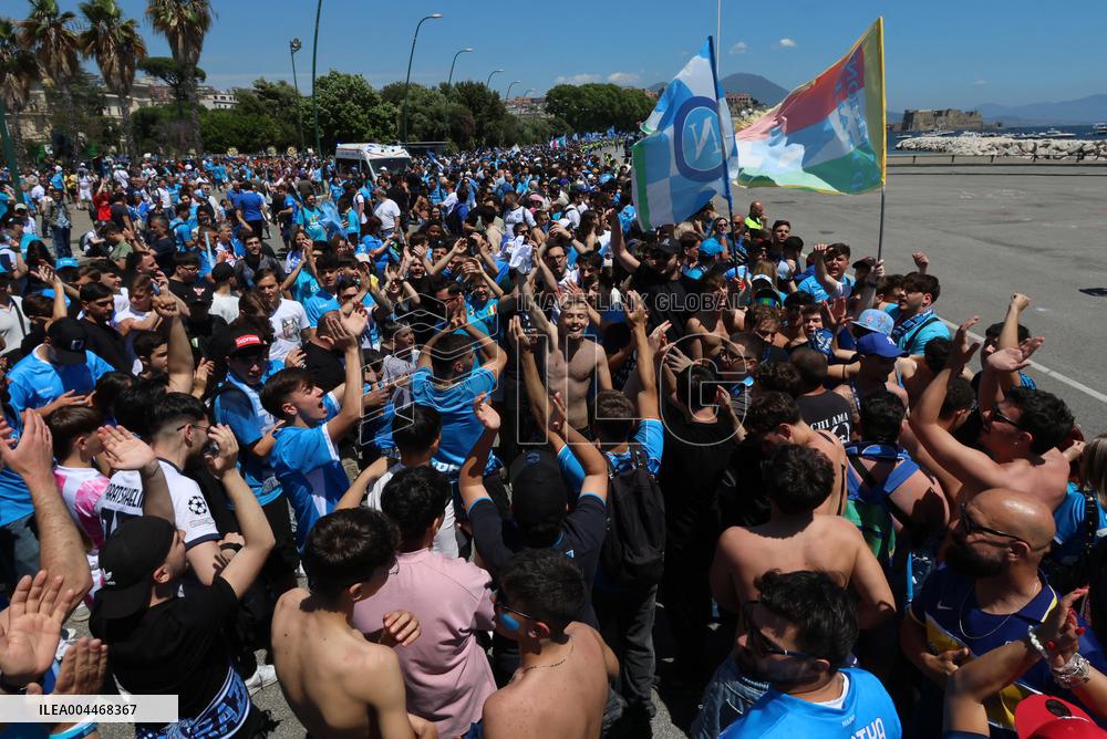 Napoli Team Bus Parades Along Seafront with Fans - Italy