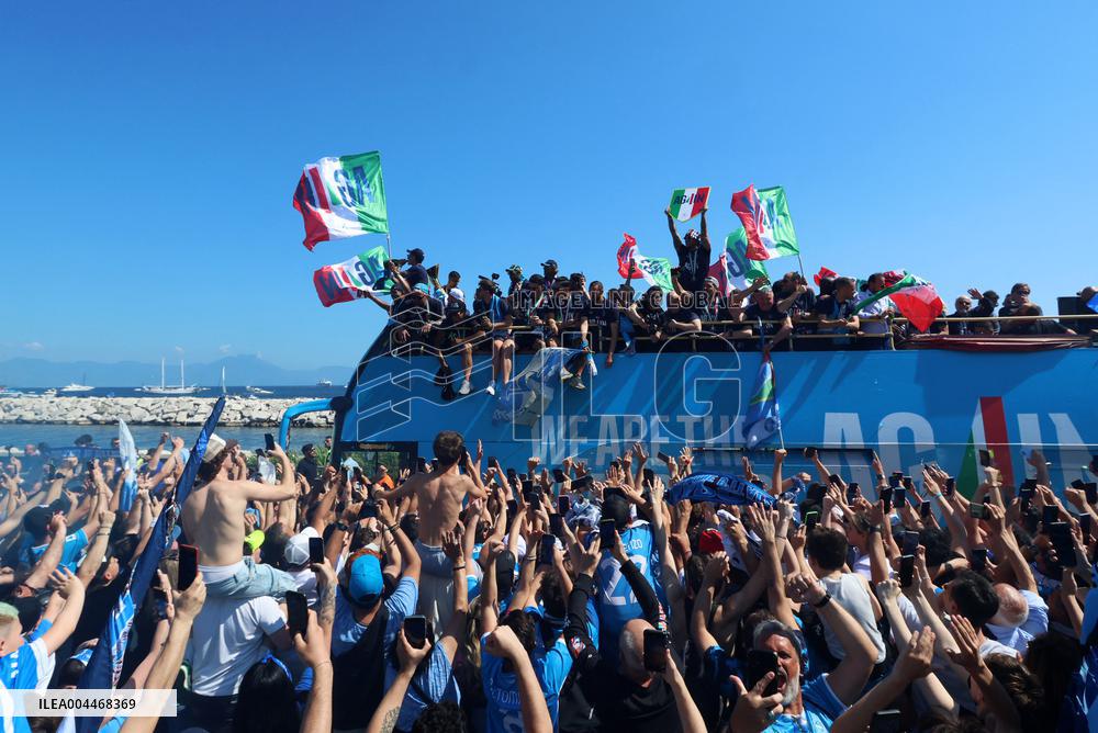 Napoli Team Bus Parades Along Seafront with Fans - Italy
