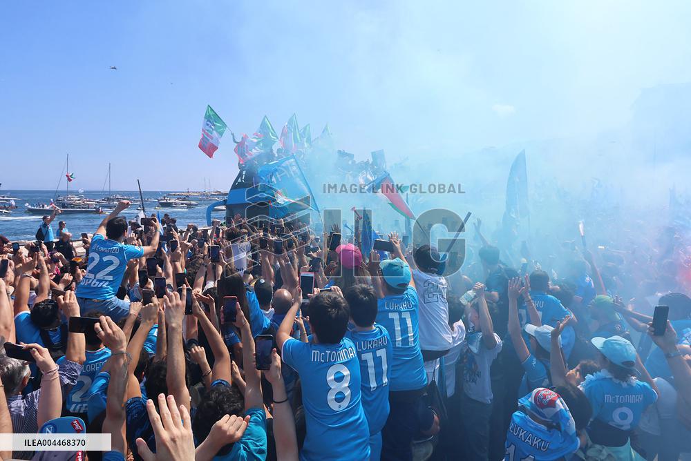 Napoli Team Bus Parades Along Seafront with Fans - Italy