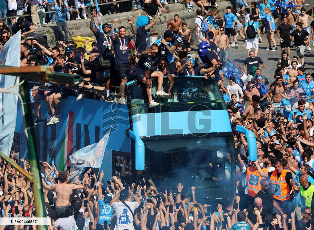 Napoli Team Bus Parades Along Seafront with Fans - Italy