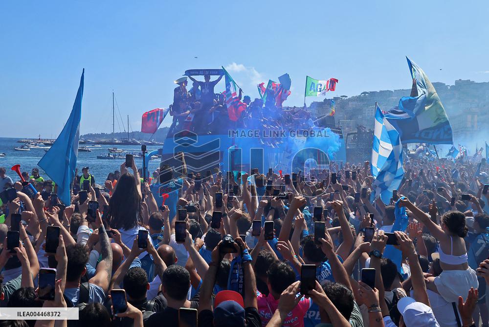 Napoli Team Bus Parades Along Seafront with Fans - Italy
