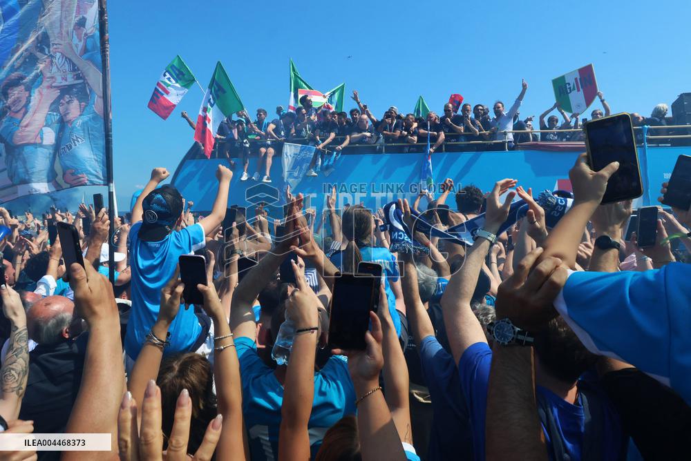 Napoli Team Bus Parades Along Seafront with Fans - Italy