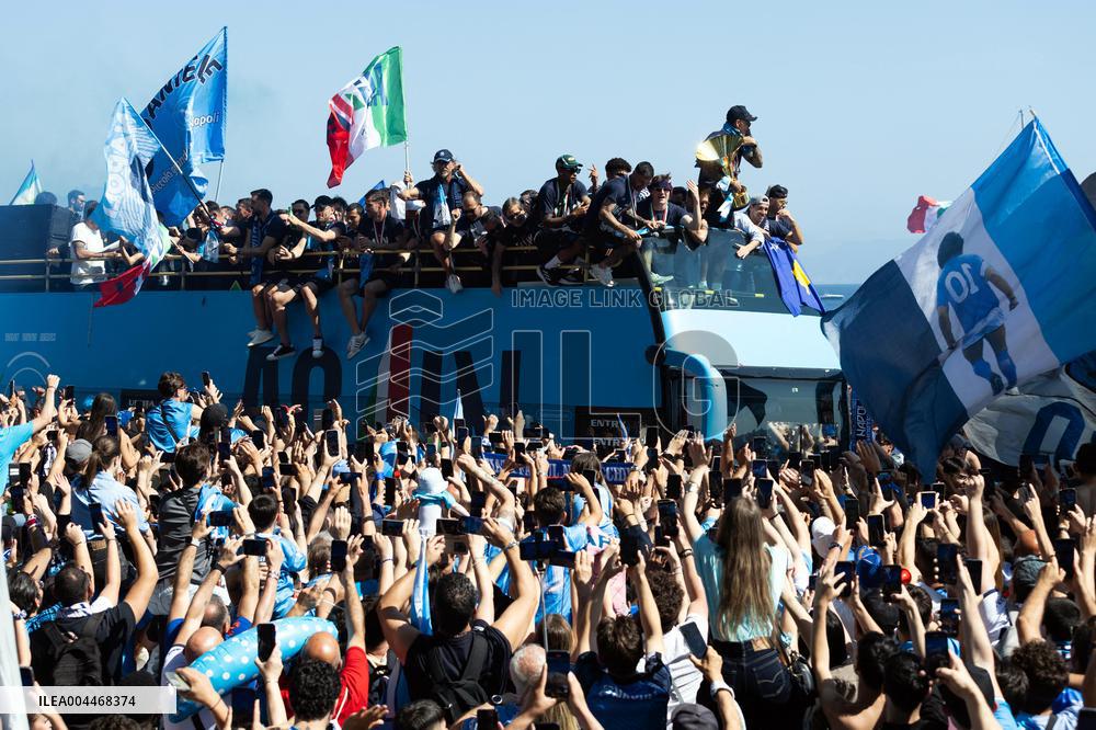 Napoli Team Bus Parades Along Seafront with Fans - Italy