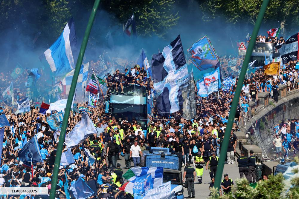 Napoli Team Bus Parades Along Seafront with Fans - Italy