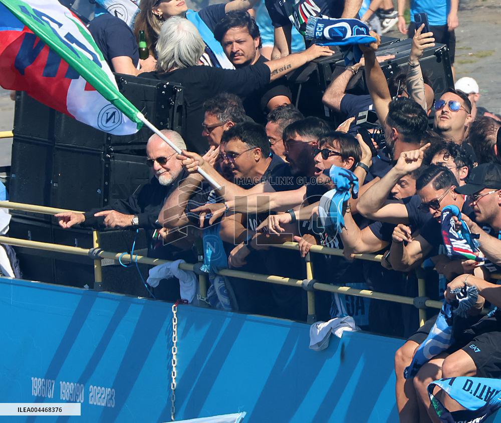 Napoli Team Bus Parades Along Seafront with Fans - Italy