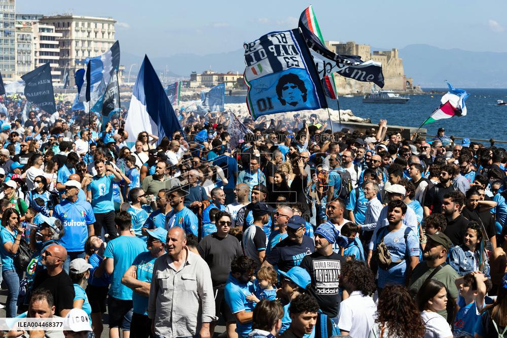 Napoli Team Bus Parades Along Seafront with Fans - Italy