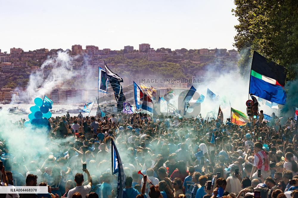 Napoli Team Bus Parades Along Seafront with Fans - Italy