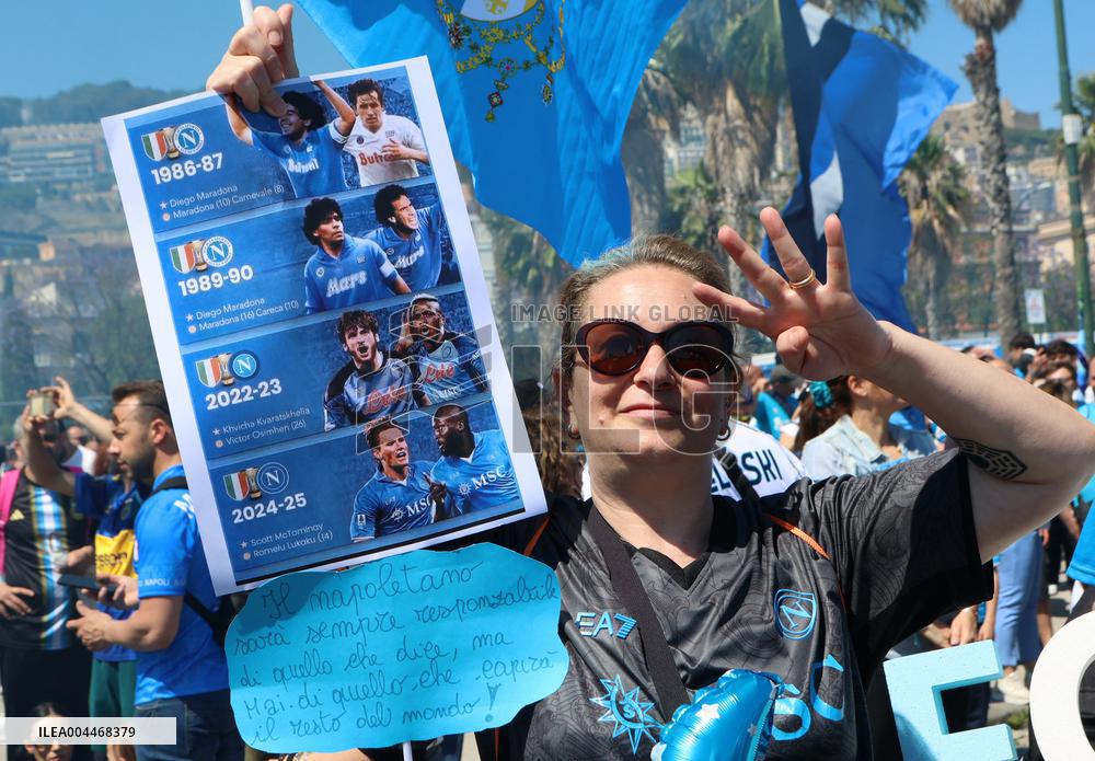 Napoli Team Bus Parades Along Seafront with Fans - Italy