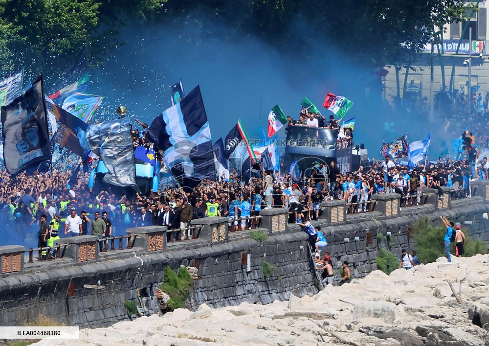 Napoli Team Bus Parades Along Seafront with Fans - Italy