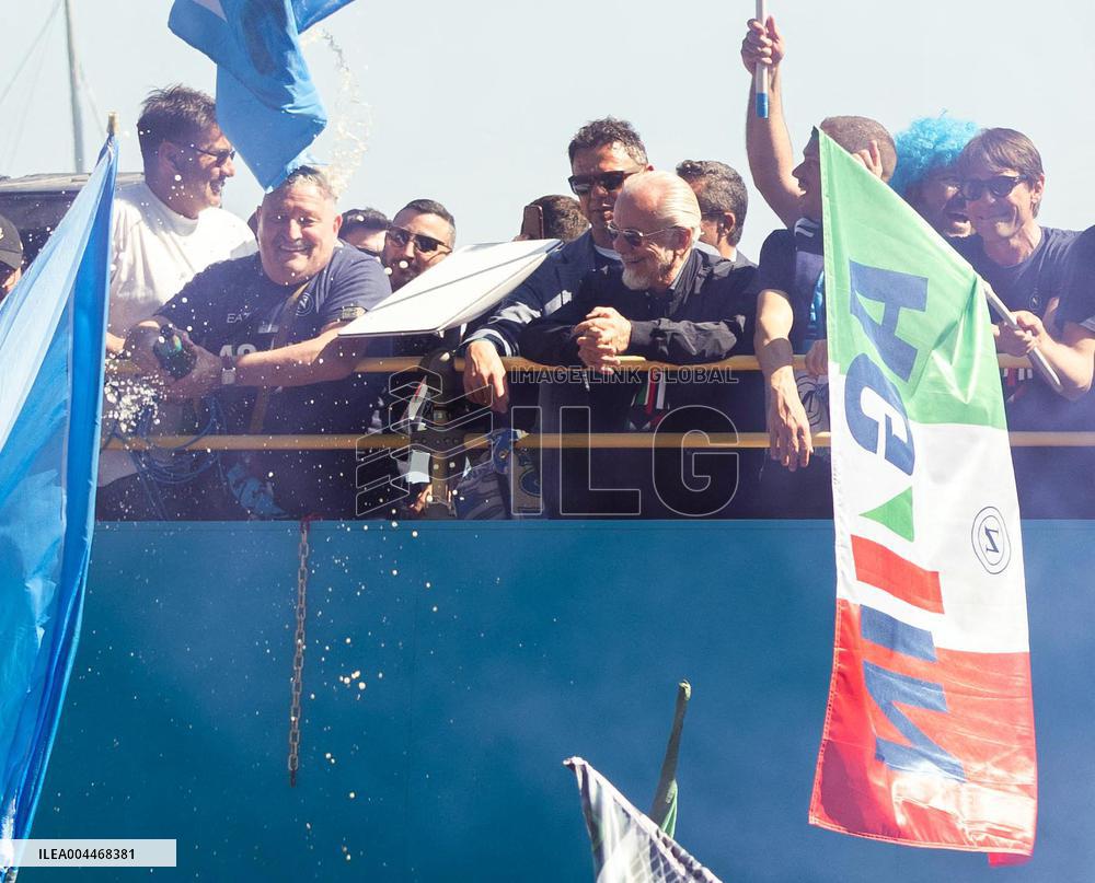 Napoli Team Bus Parades Along Seafront with Fans - Italy